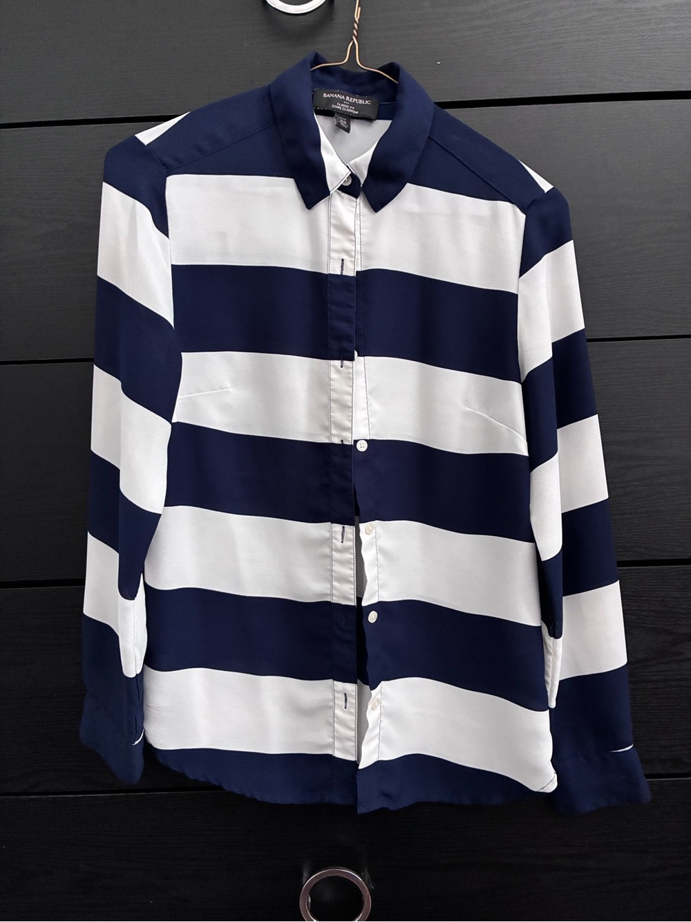 Banana Republic Women’s Navy and White Wide-Stripe Button-Down Shirt